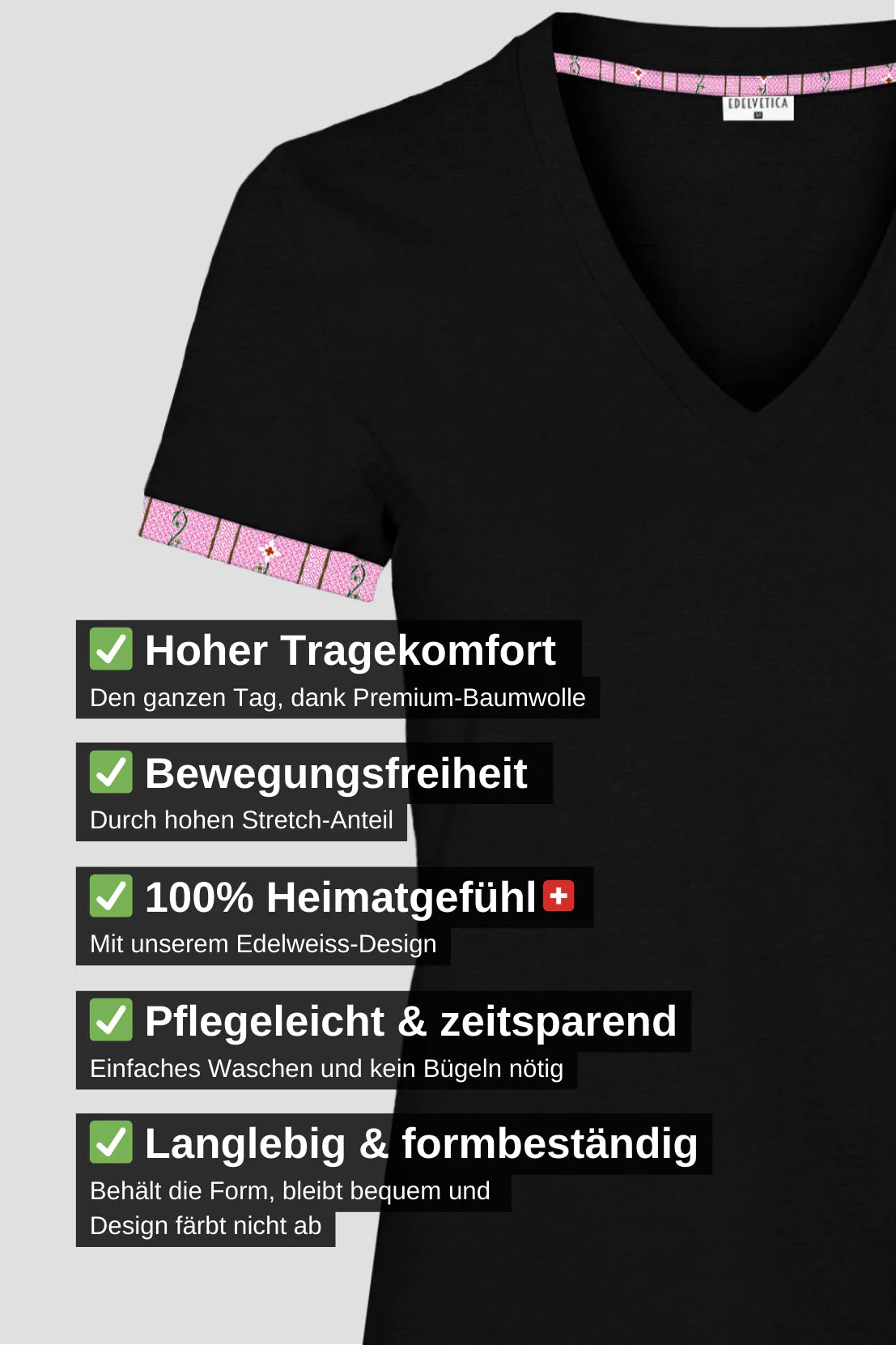 Edelweiss Original Damen T-Shirt in verschiedenen Farben mit einzigartigem Edelweiss-Design am Armabschluss von Edelvetica.