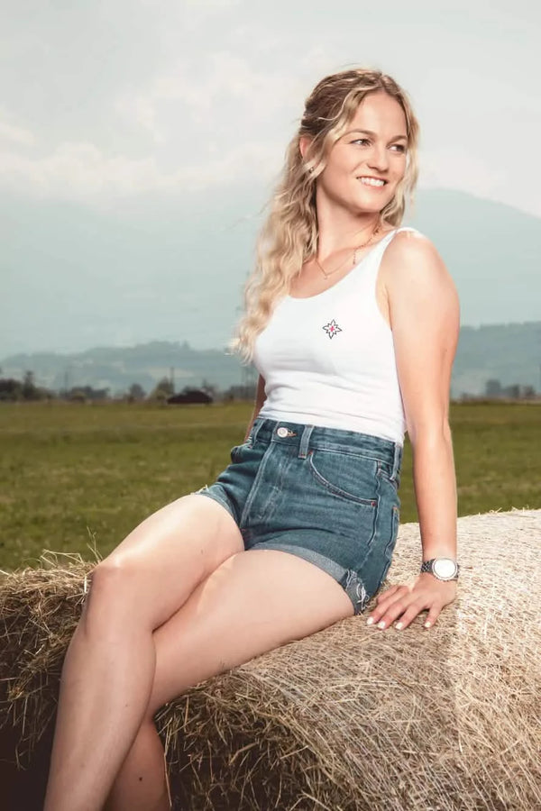 Damen Edelweiss-Tank-Top – Weicher, elastischer Stoff für hohen Tragekomfort. Perfekt für warme Tage und sportliche Aktivitäten. Schweizer Design von Edelvetica.