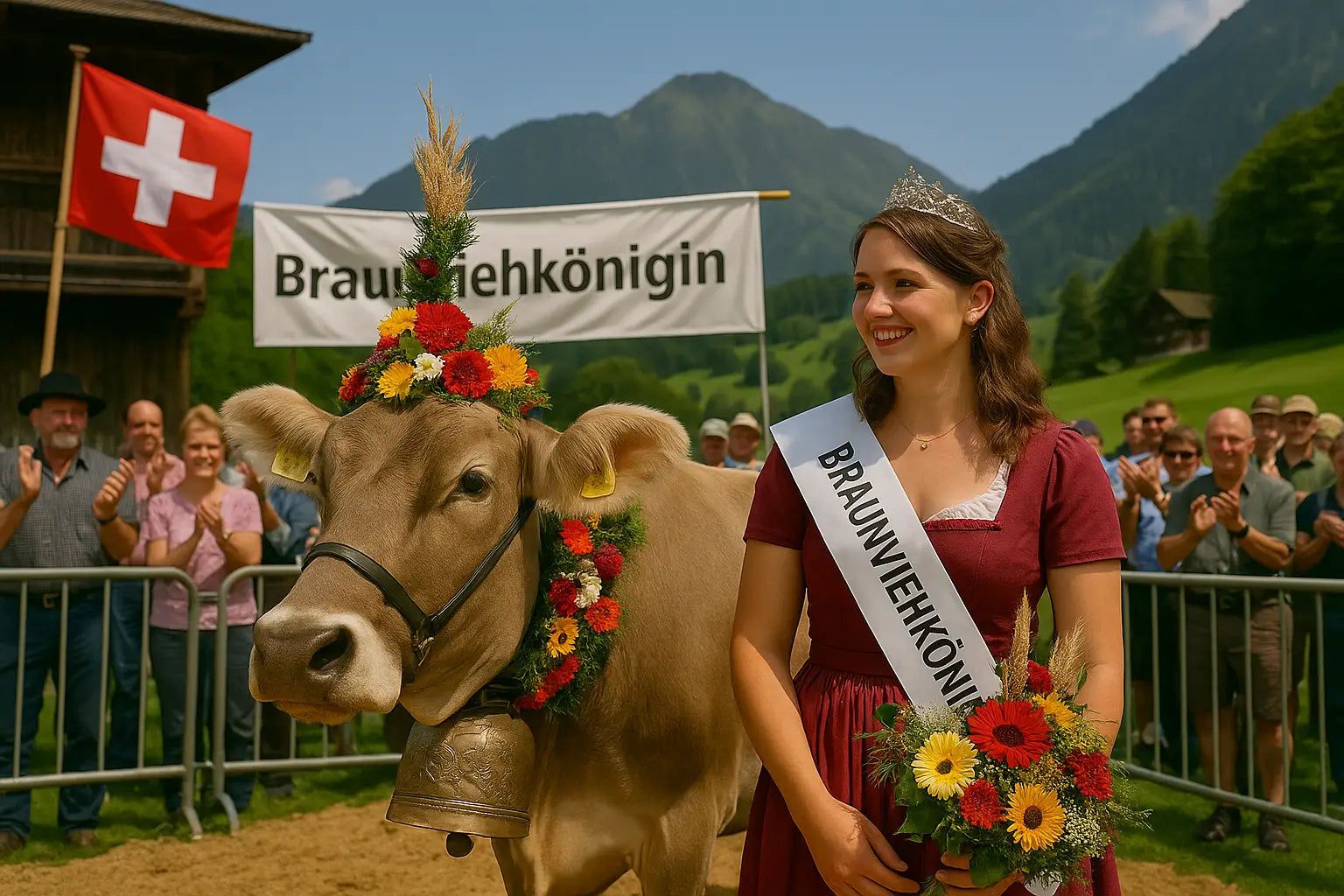 Eine festlich geschmückte Kuh mit Blumenkranz und Kuhglocke wird zusammen mit der Braunviehkönigin vor jubelndem Publikum in einer grünen Berglandschaft präsentiert.