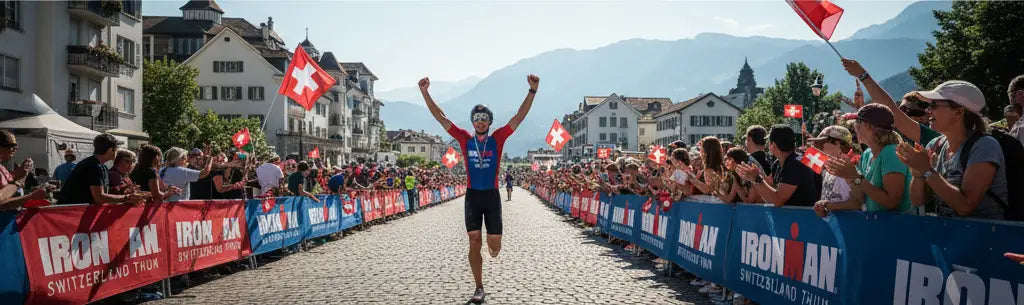 Sieger des Ironman Thun hebt die Arme im Ziel hoch, Publikum applaudiert im Hintergrund