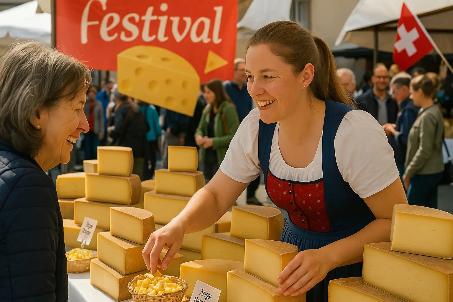 Eine Ältere Frau wird von einer Jüngeren Frau auf dem Käsefestival in der Schweiz bedient