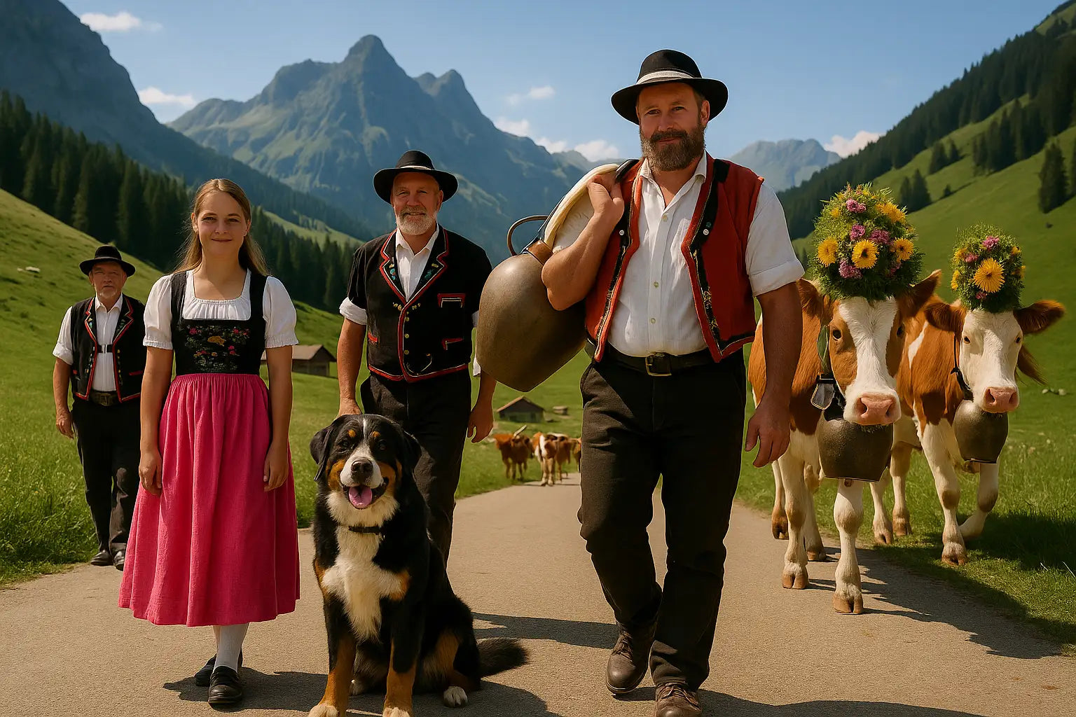 Eine Schweizer Familie in Tracht begleitet geschmückte Kühe mit Blumen und großen Glocken durch eine grüne Alpenlandschaft, begleitet von einem Hund und strahlendem Sonnenschein.