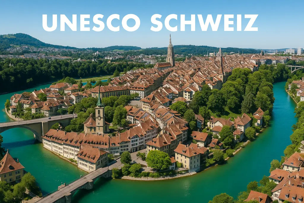 Historische Gebäude und Laubengänge der Berner Altstadt an der Aareschlaufe, Teil des UNESCO-Welterbes seit 1983.