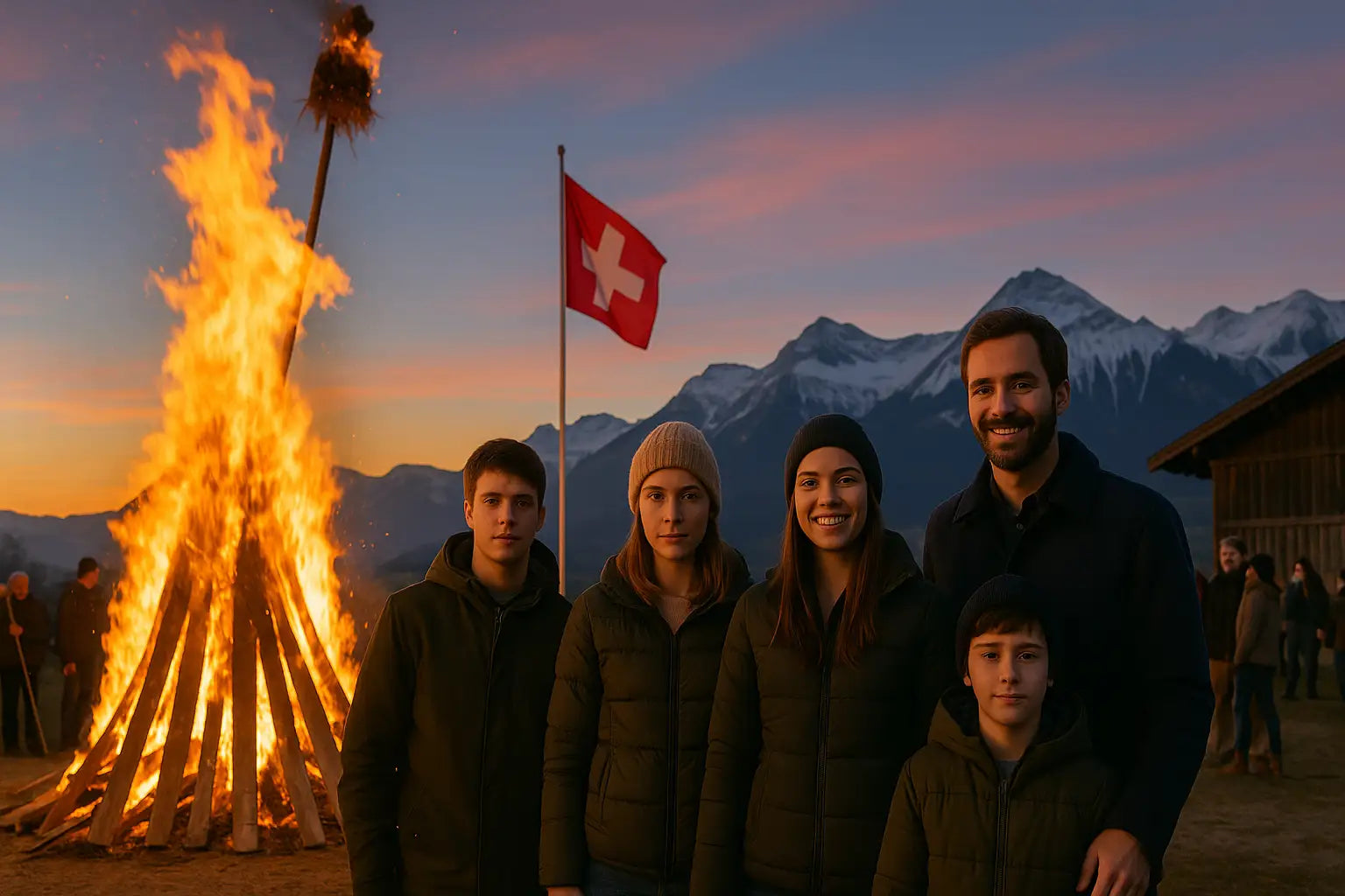 Familie an einem Funkensonntag in der Schweiz mit den Alpen im Hintergrund