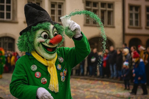 Verkleidete Person verstreut grünes Konfetti in einem Grünen Kostüm an der Basler Fasnacht