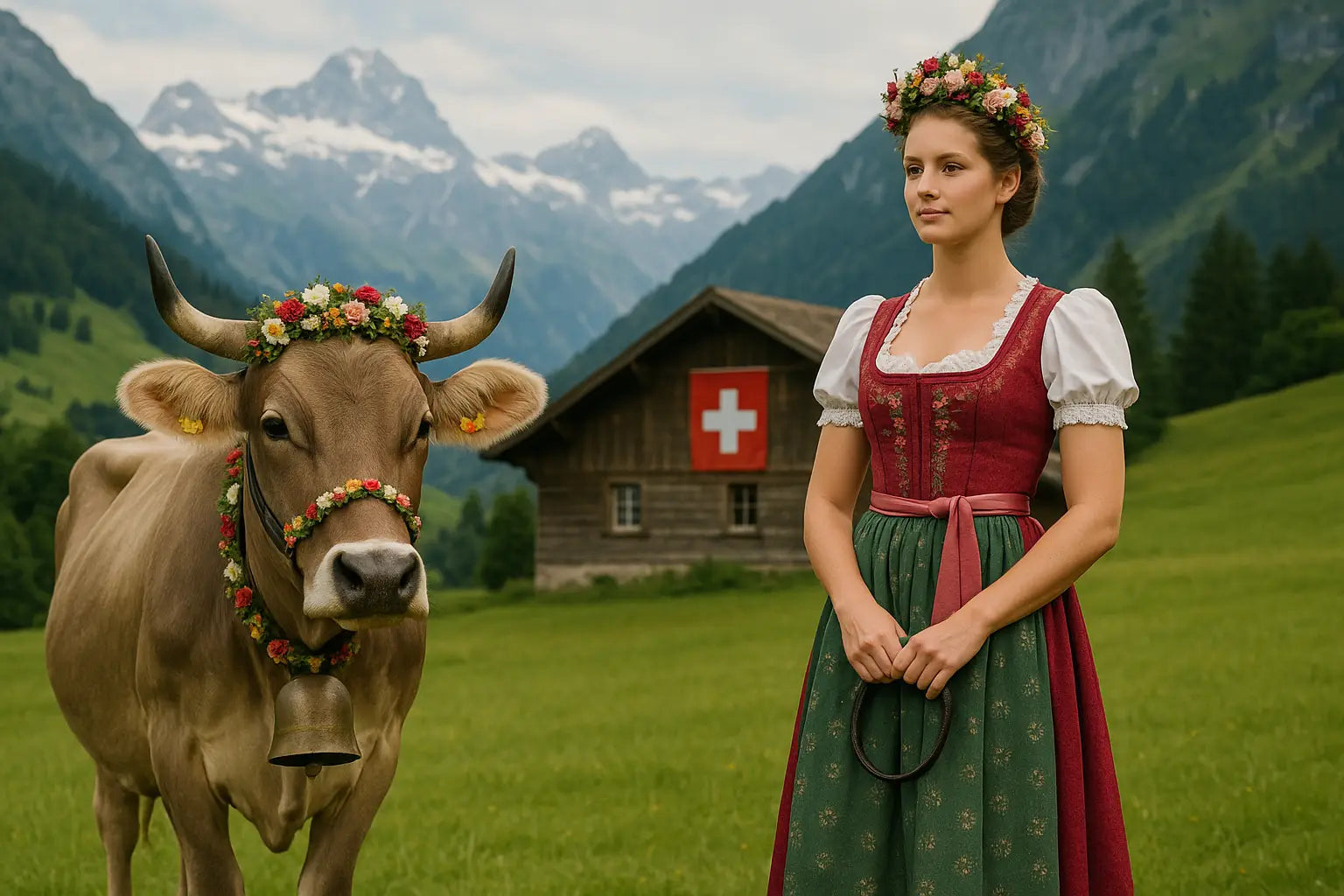 Eine junge Frau in traditioneller Tracht mit Blumenkranz steht neben einer festlich geschmückten Braunviehkuh vor einer Alphütte mit Schweizer Flagge und Bergkulisse.