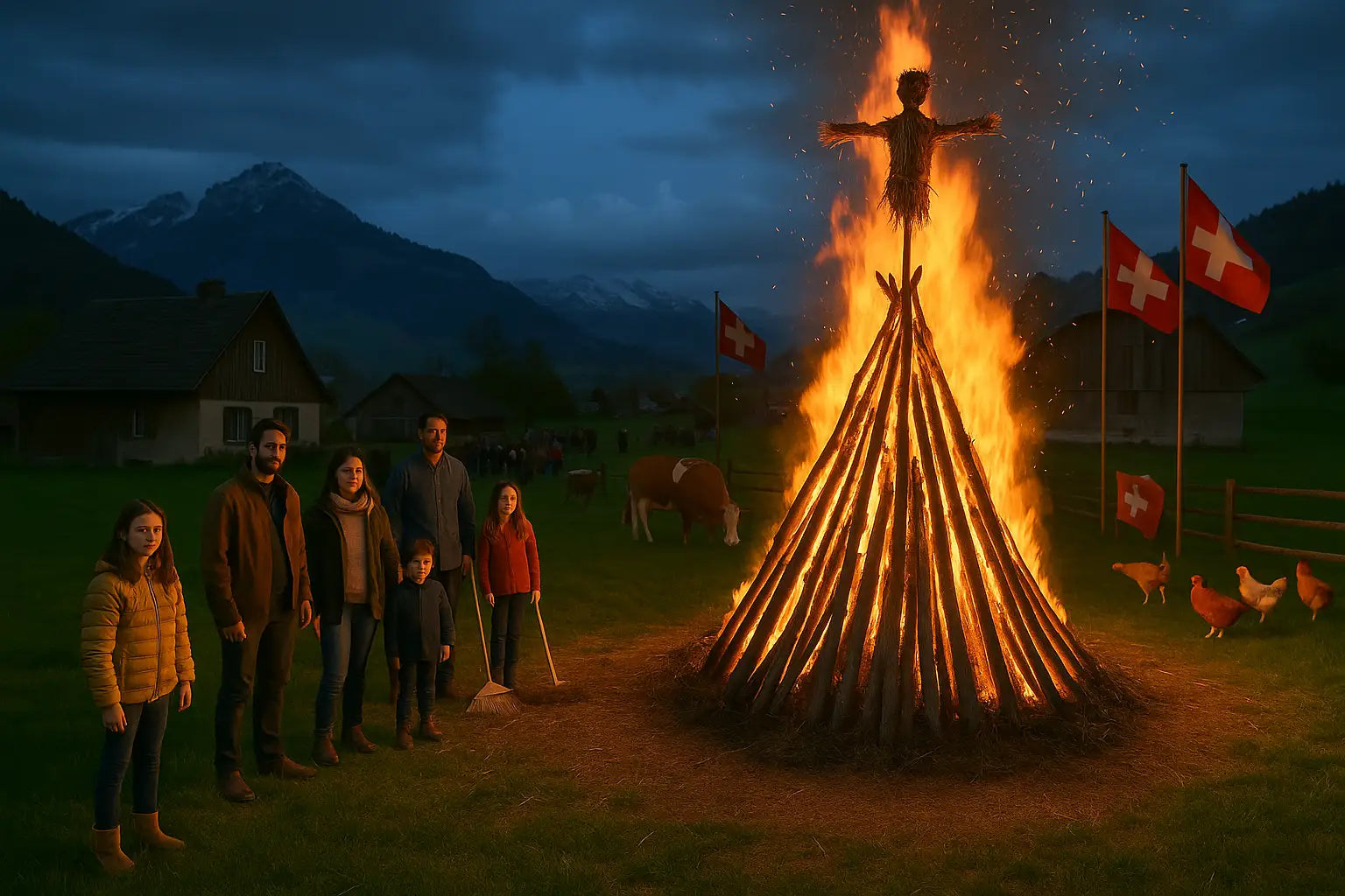Familie vor einem Funkenfeuer in der Schweiz