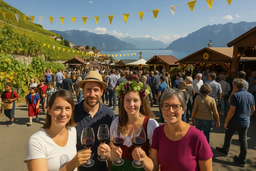 Besucher und Teilnehmer stoßen mit Gläsern Wein auf einem Festplatz in der Romandie an.