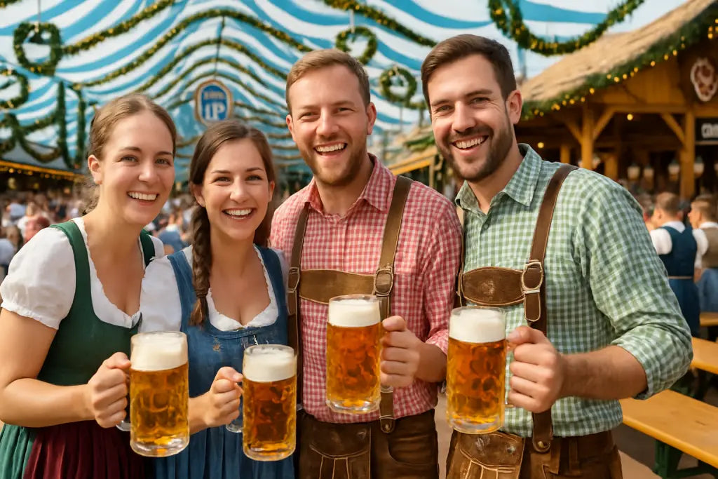 Zwei Frauen und zwei Männer in Dirndl und Lederhosen halten Bierkrüge im Festzelt auf dem Oktoberfest
