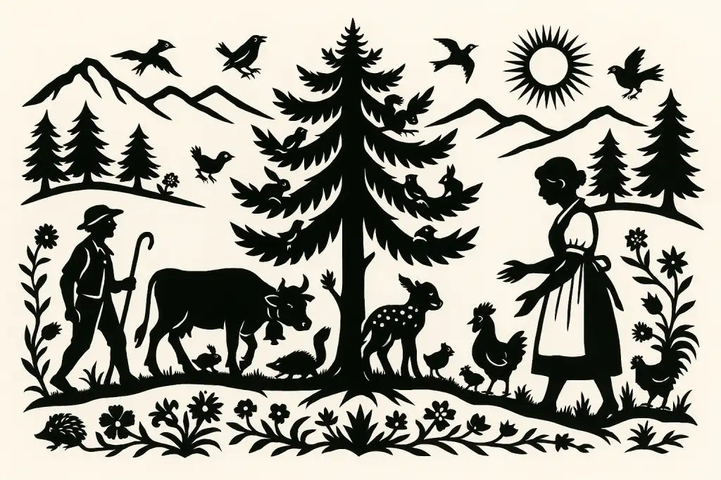 Detailreicher Scherenschnitt zeigt Bauer mit Kuh, Frau mit Hühnern sowie Rehe, Vögel und Berge im Hintergrund als traditionelles Alpenmotiv