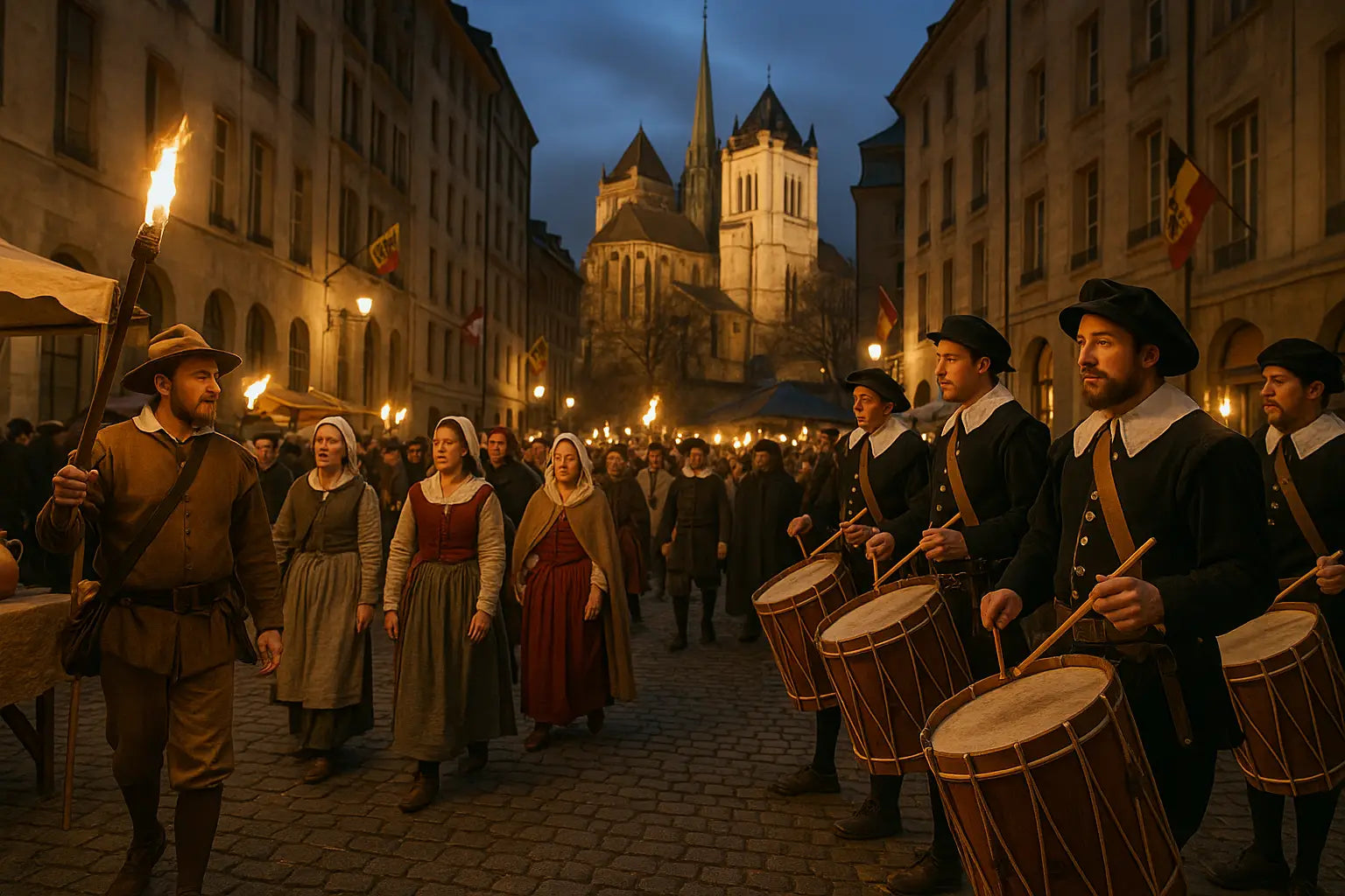 Teilnehmer in mittelalterlichen Kostümen marschieren mit Fackeln durch die Altstadt von Genf.