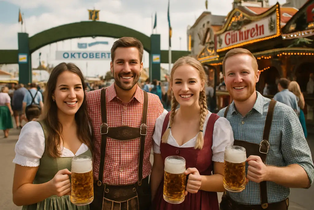 Vier Freunde in traditioneller Tracht stoßen mit Maßkrügen auf dem Oktoberfest in München an