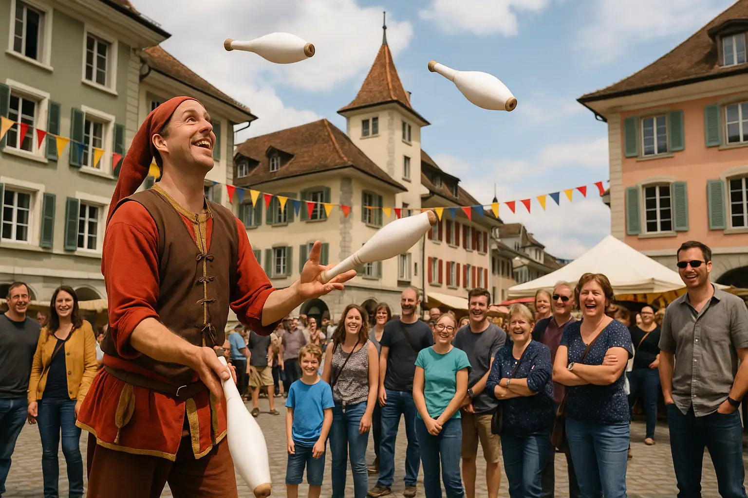 Gaukler in historischen Gewändern führen Kunststücke zwischen alten Häusern auf.