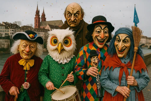 Maskierte Teilnehmer in Kostümen posieren vor einem Fluss