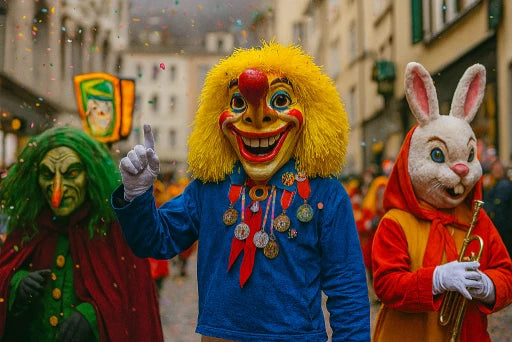 Festbesucher in kunstvollen Masken posieren zwischen den Fassaden der Altstadt.