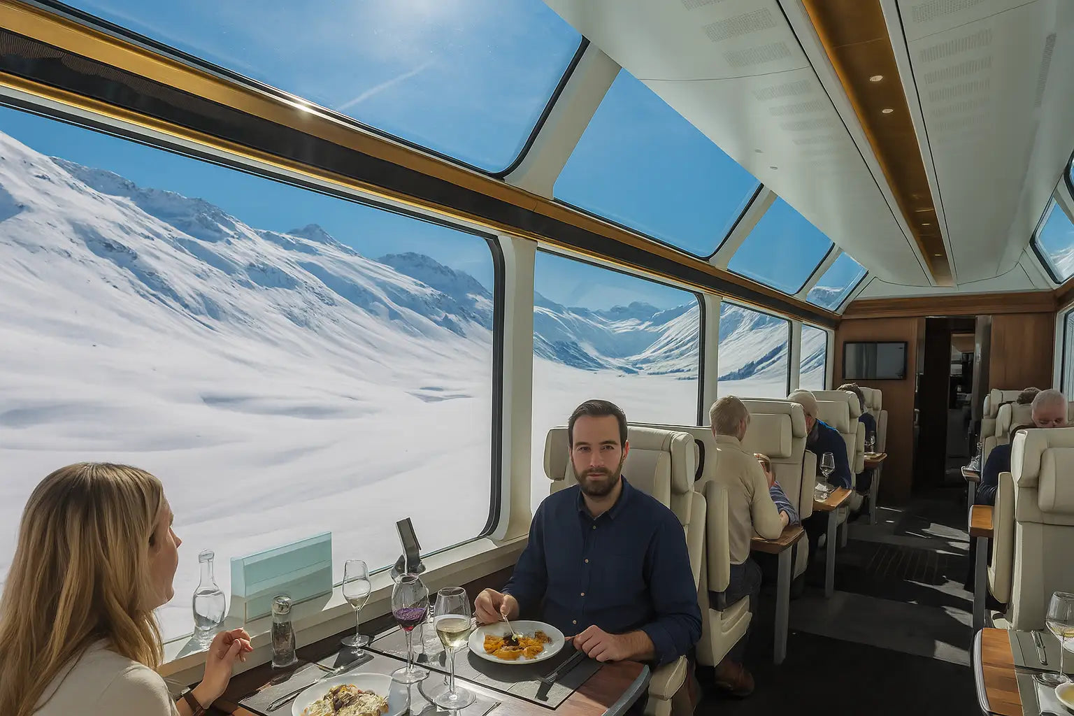 Reisende im Panoramawagen genießen Ausblicke auf Berge, und Schnee.