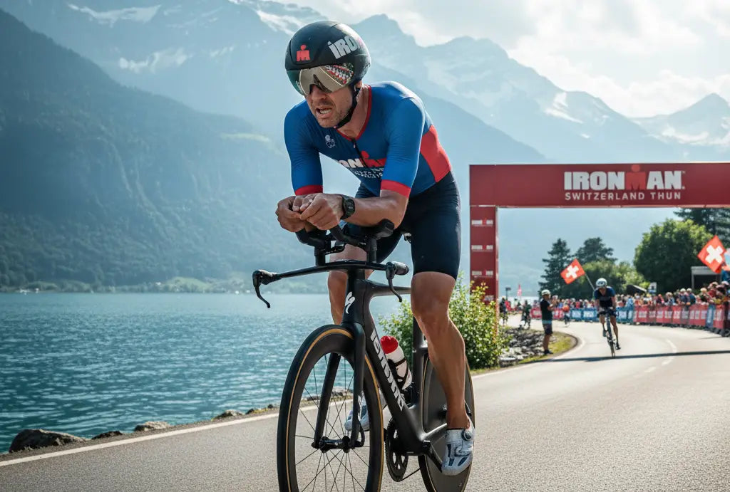 Athleten auf der Radstrecke des Ironman Switzerland Thun mit Blick auf verschneite Alpen