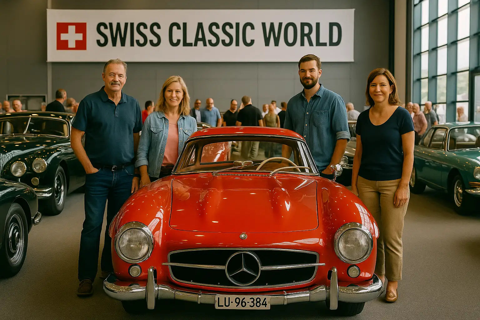 Besuchergruppe betrachtet einen Mercedes 300SL ein seltener Oldtimer mit Chromdetails.