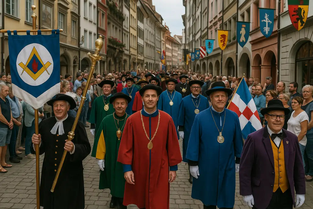 Menschen in historischen Kostümen laufen mit großen Zunftfahnen durch belebte Straßen.