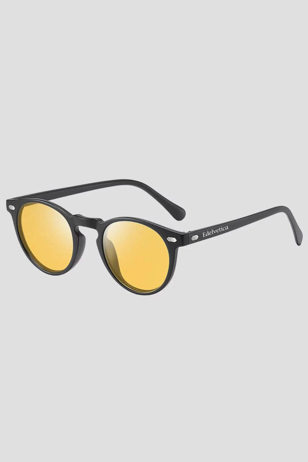 Runde Sonnenbrille Vista Edelvetica – stilvolle, hochwertige Sonnenbrille mit UV 400 Schutz in Schwarz, Blau, Silber und Orange-Gelb.