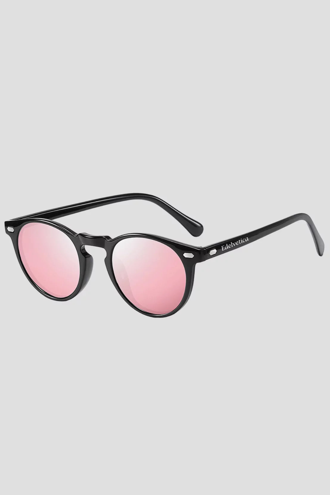 Runde Sonnenbrille Vista Edelvetica – stilvolle, hochwertige Sonnenbrille mit UV 400 Schutz in Schwarz, Blau, Silber und Orange-Gelb.